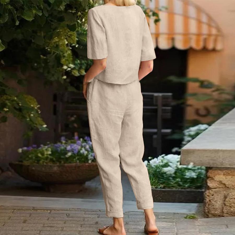 Women's Cotton Linen Summer Outfit Set - Half Sleeve Crew Neck Oversized Shirt Wide Leg Pants Retro Set