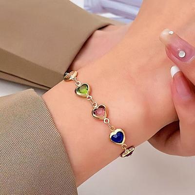 Pulseira ajustável de coração de pedra colorida para casal, meninas, acessórios de presente, joias, beleza, mulheres, pulseira de corrente