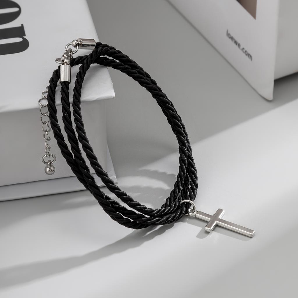Layered Black Cotton Thread Chain with Cross Pendant Bracelets Men Trendy Rope Hand Chains 2026 Fashion Jewelry Accessories Male