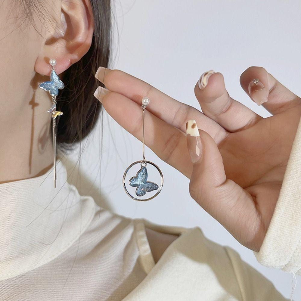 

Minar Fairy Blue Butterfly Earrings Fashionable Tassel Long Drop Earrings Women синий