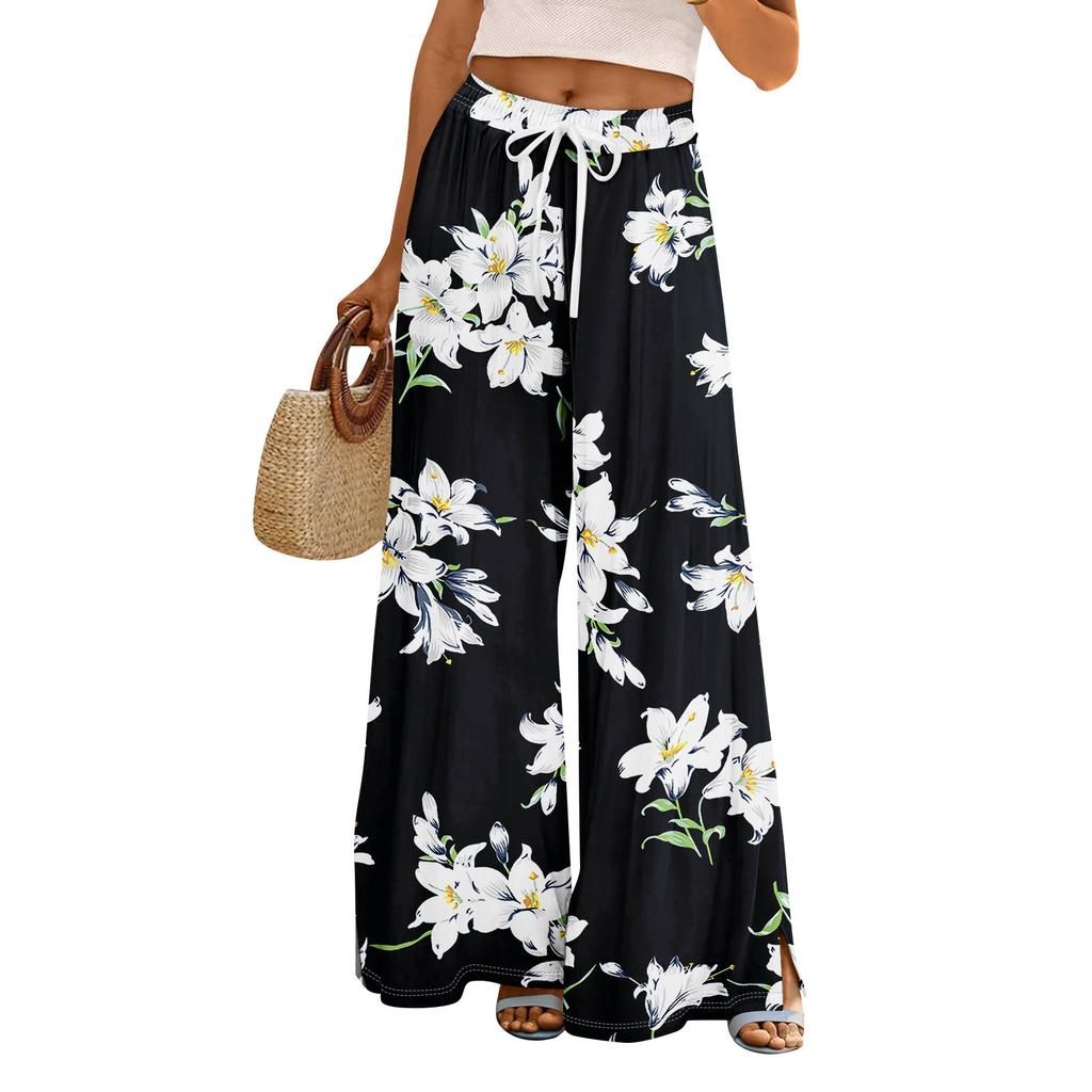 Damen Sommer Boho Palazzo Hose Hohe Taille Weites Bein Blumendruck Freizeithose Mit Taschen