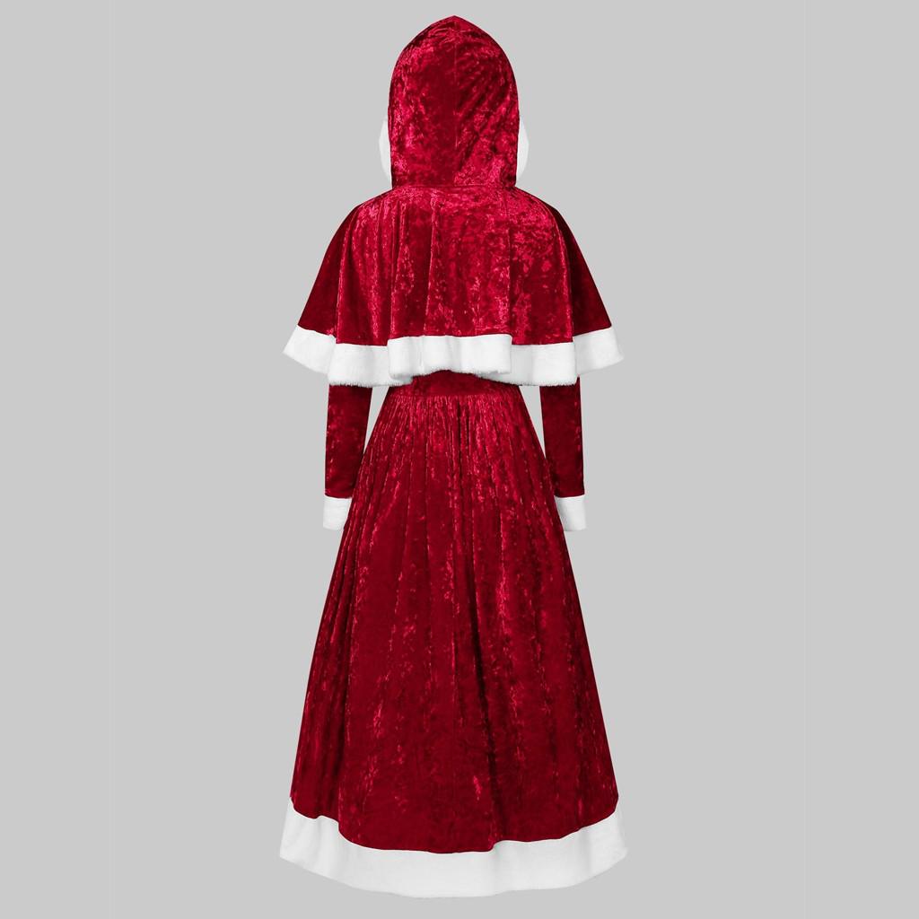 Womens Merry Christmas Velvet Long Sleeve  Festival Dress And Hooded Cape