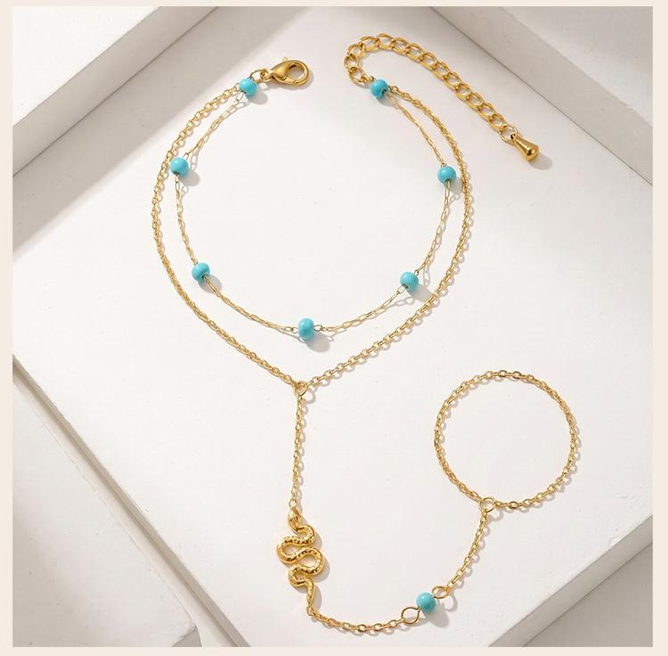 Bohemian Bead Slave Bracelet, 18K Gold Plated Stainless Steel, Waterproof Hand Chain Finger Ring Bracelet Jewelry for Women
