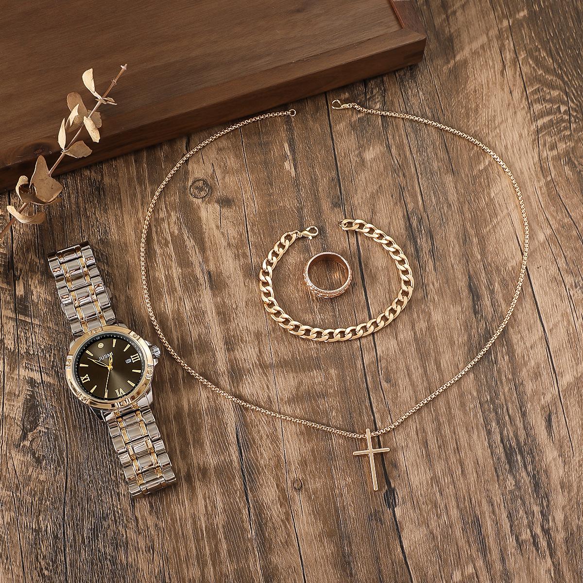 

4pcs/set Men s large dial steel band watch + bracelet + cross necklace + ring gift box set золотой