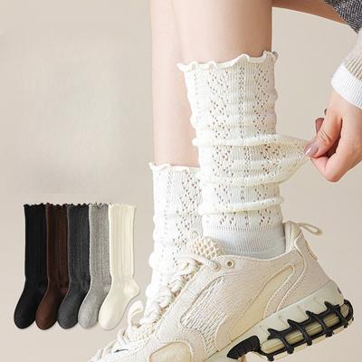 Calf Socks for Women In Autumn and Winter, Long, Hollow, Loose Lace, High, Black Ear-trimmed, Boneless Cotton Socks