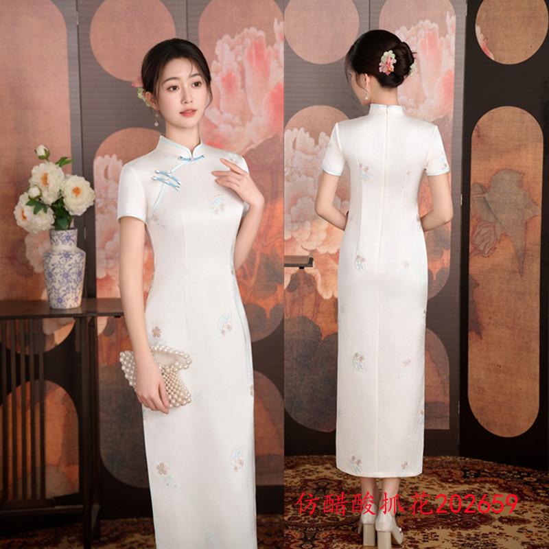 White retro Chinese style imitation acetic acid scratching flower long cheongsam women's spring and summer new pure and elegant young