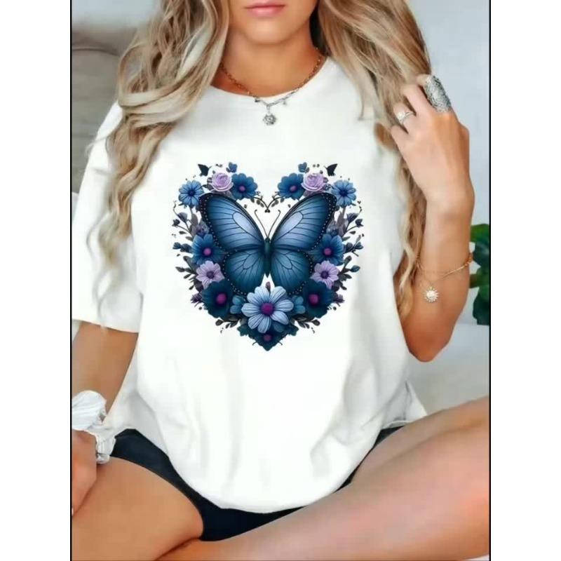 Plus Size Women's Blue Butterfly Heart Print T-Shirt Crew Neck Short Sleeve Medium Stretch Casual Spring Summer Fall Top