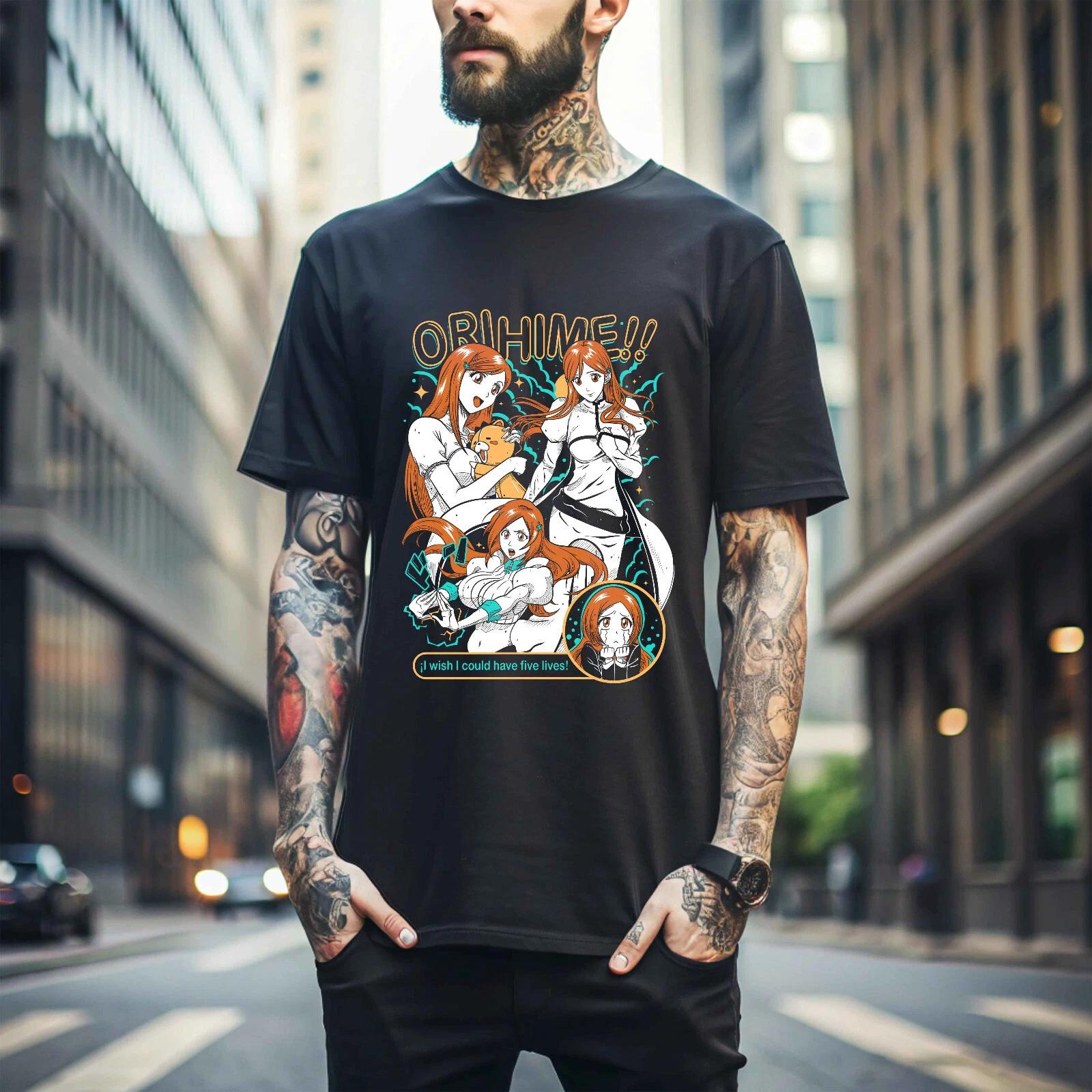 

100% cotton TOPS UNISEX TEES MENS WOMENS Orihime Inoue T-Shirt Zaraki Kenpachi Bleach Anime Ichigo Aizen Shirt Gift 323 XL чёрный