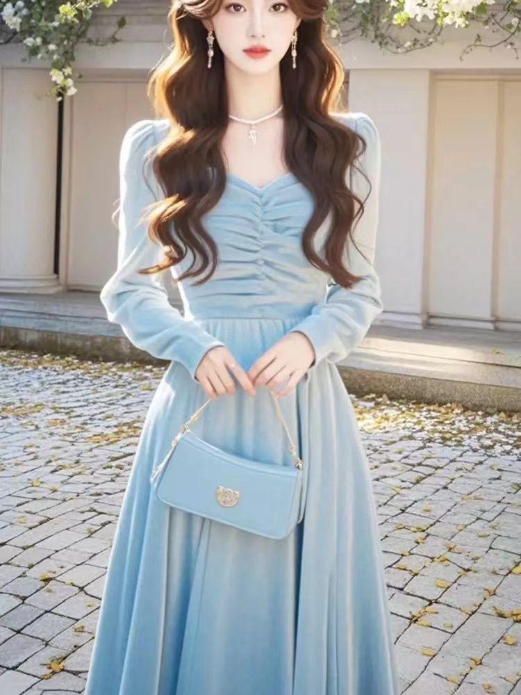 Early Autumn Luxury Temperament Long Skirt Women's Autumn High-End Blue Velvet Dress