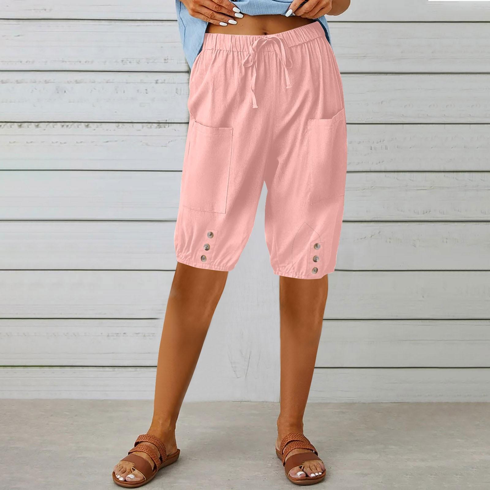 

Брюки-капри для женщин, льняные полубрюки с высокой талией, повседневные шорты до колена на шнурке с карманами XXXL розовый