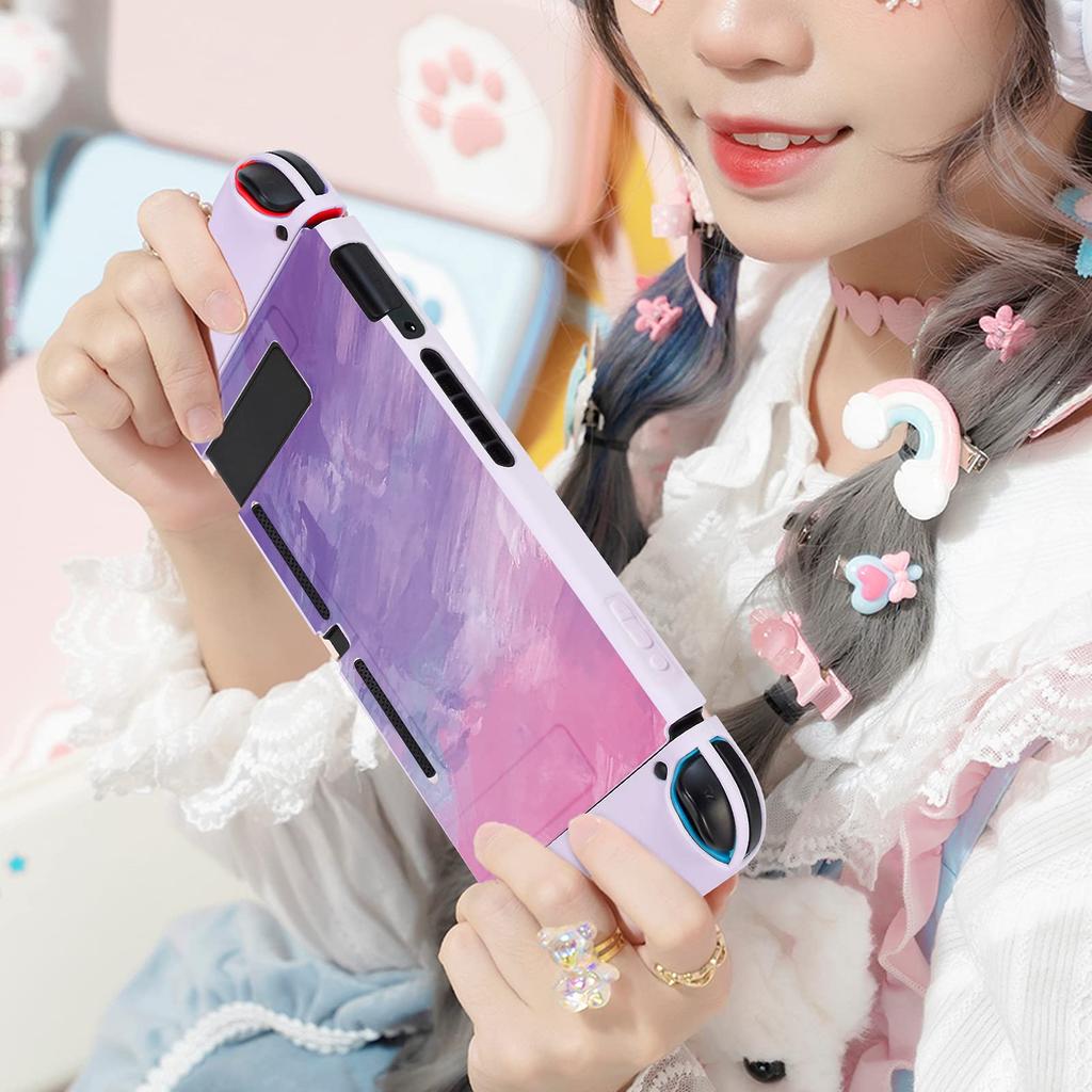 DLseego Switch Split Cover for Full Easy to Attach and Analog Stick Cute Cat Claw Paw Tempered Glass Durable Purple Case, Switch, Protection,