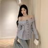 One-line Neck Slim Waist Top Women's Pre-fall New Sexy Hot Girl Striped Shirt Chic Lace-up Long Sleeve T-shirt