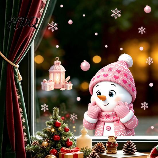 Creative Christmas Gift for Friends Snowman Static Glass Stickers Decorative Pink Decals Waterproof PVC Window Clings Home Holiday Party And