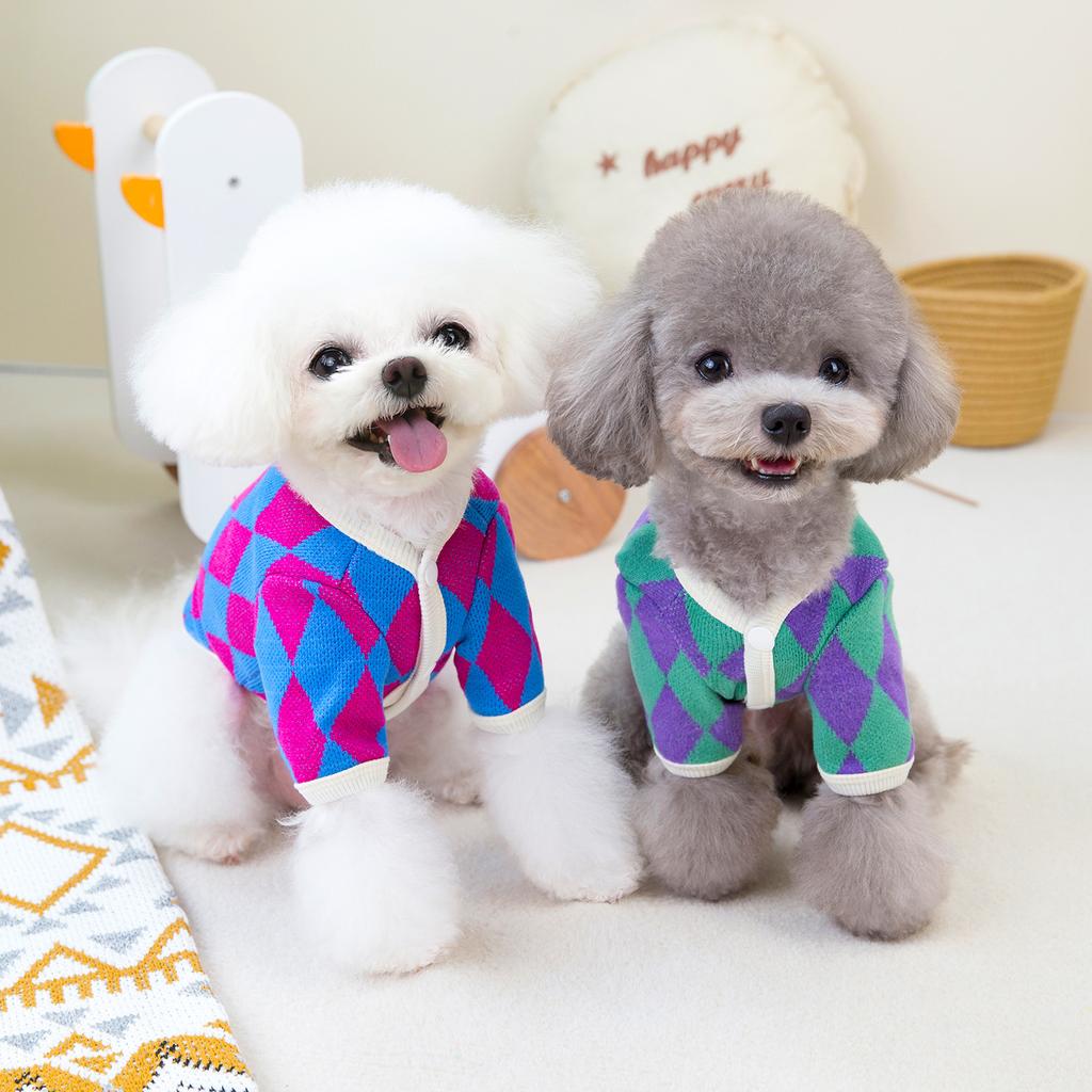 Dog Plaid Coat Small Dog Autumn and Winter Diamond Patterned Cardigan Cat Clothes Pet Clothing Puppy Clothes Dog Clothes Winter