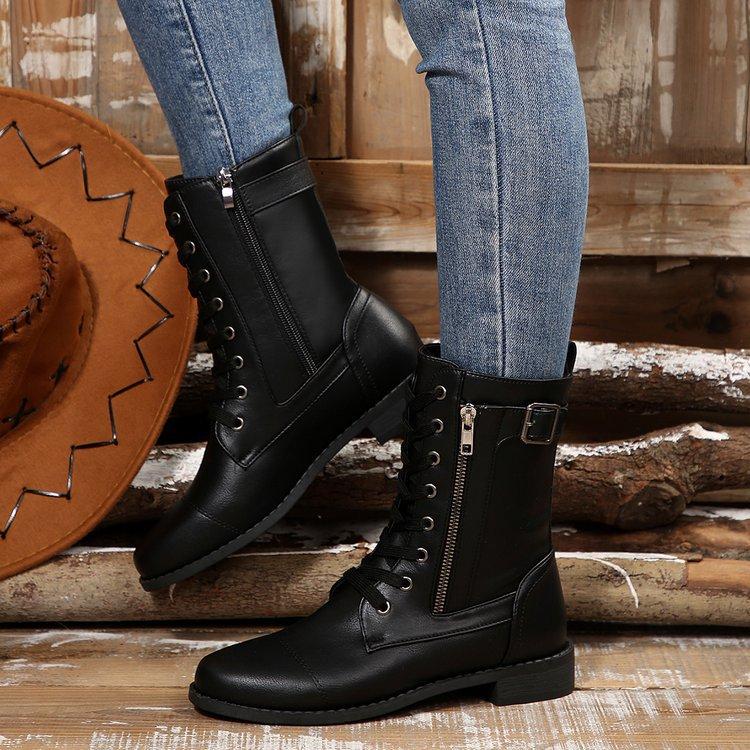 Women's Plus Size Mid-Calf Martin Boots New Autumn Winter Block Heel Lace Up Leather Ankle Boots with Side Zip