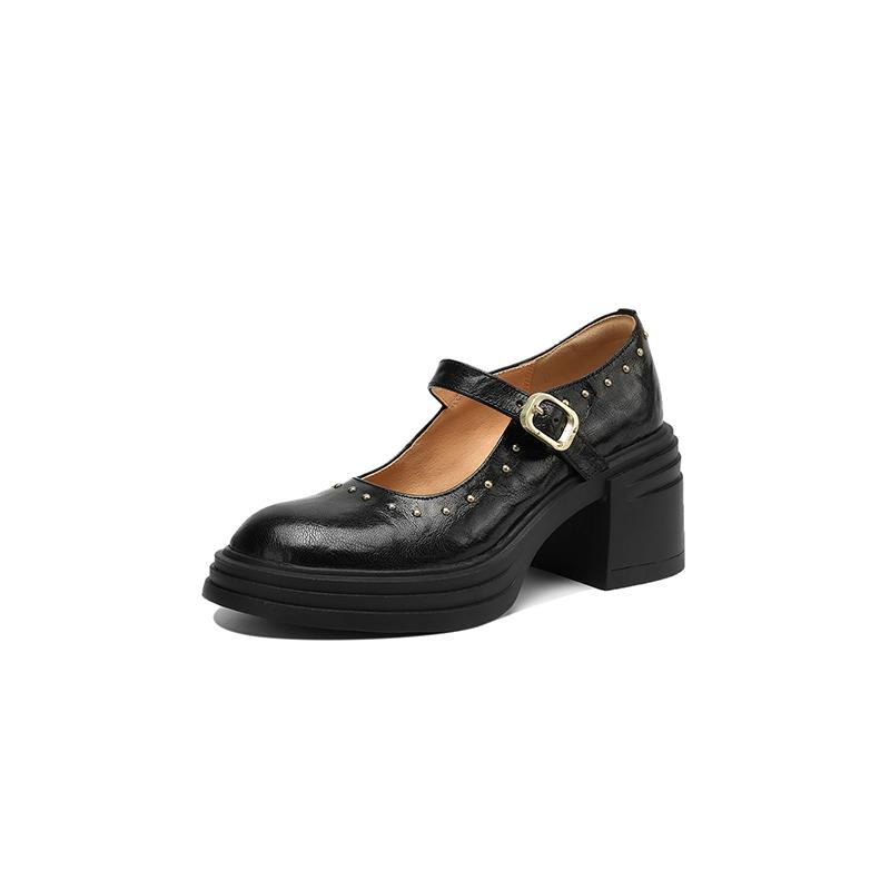 Módní Nové Jaro/léto Boty Mary Jane z pravé kůže pro ženy Módní Nýtovaný Masivní Podpatek Kulatá Špička Dámské Lodičky Boty na Platformě Dámské