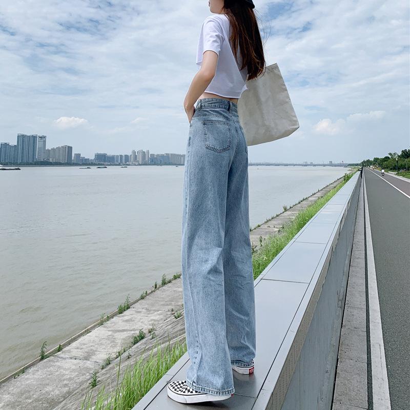 Fashion All-match Blue Women Wide Leg Straight Jeans High Waist Button Denim Pants Loose Trousers