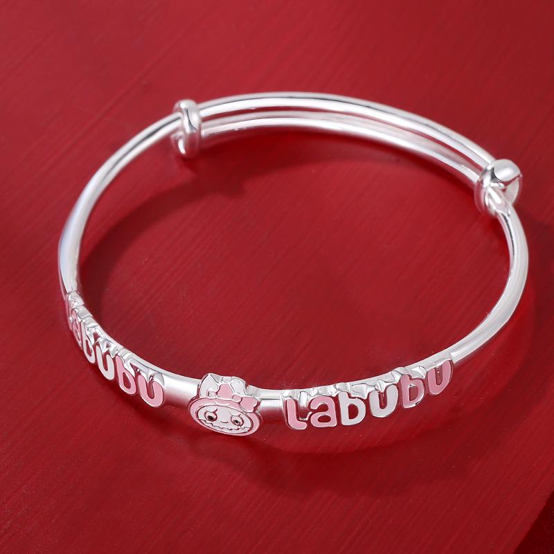 Sterling Silver Cartoon Bracelet for Girls 4-12 Years - Pink Push-Pull Design, Perfect Birthday Gift