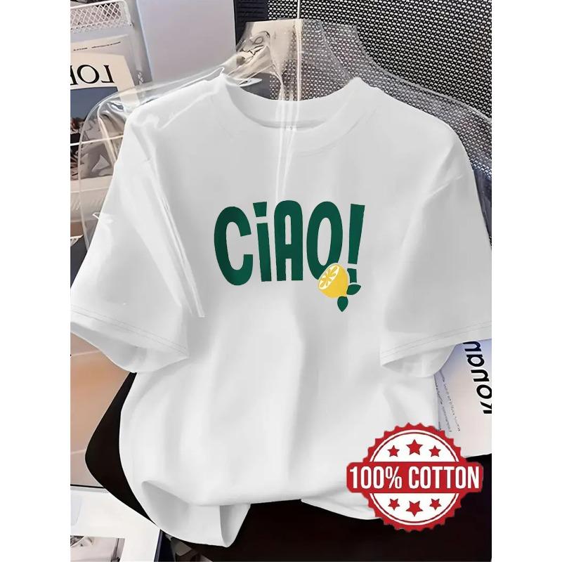 TH441 New Women s T-Shirt, CIAO Letter Design Print, Fashionable Casual Printed Tee, Neck Short Sleeve, Sweat-Absorbent and Breathable, S белый