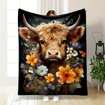 Highland Cow Floral Blanket Bedroom Blanket for Livingroom Couch Lunch Break Soft Throw for Friend's Festival Gift