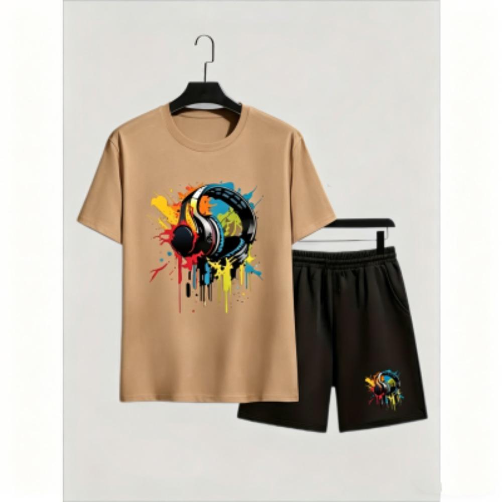 Fashion Men's T-shirt Shorts Set Color Headphones Printed Short Sleeve Tops Shorts 2pcs Summer Men Women's Outdoor Casual T-shirt Sets