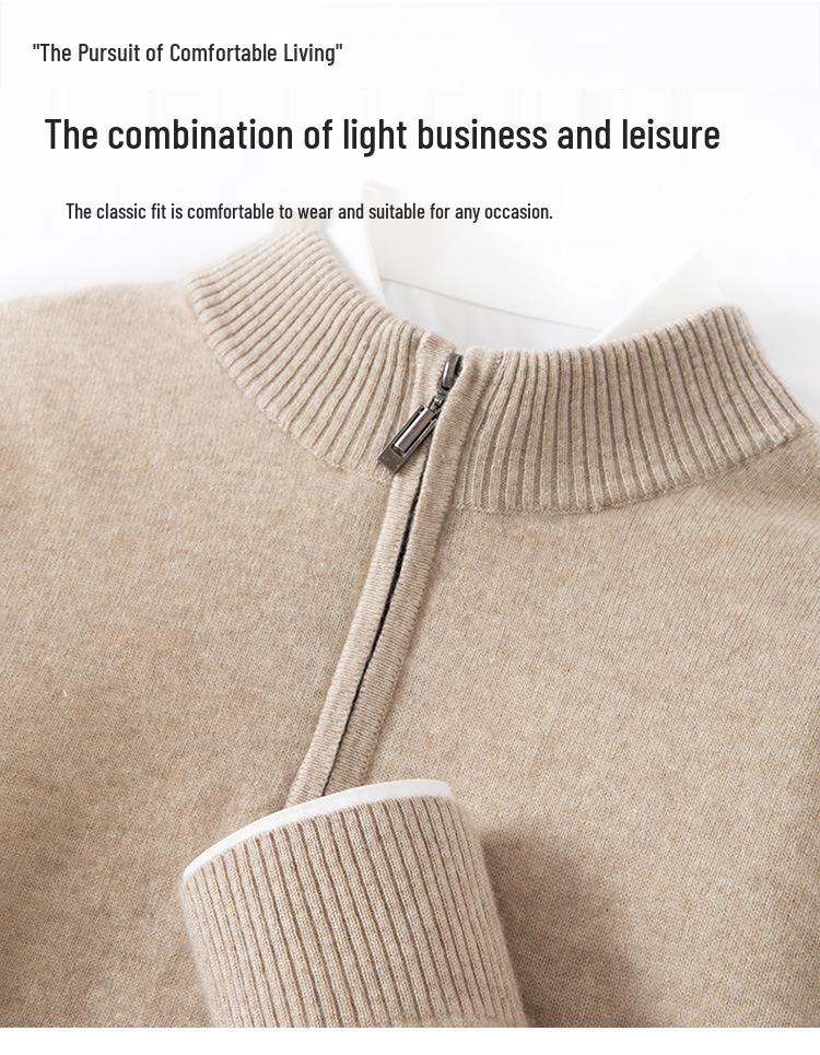 Men's Cashmere Zipper Sweater - Solid Color, Half-High Collar, Long Sleeve, Casual Fit.