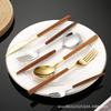 Stainless Steel Western Cutlery Set with Wood-Style Handles - Knife, Fork, Spoon, Steak Knife, Dessert Spoon, Titanium Plated