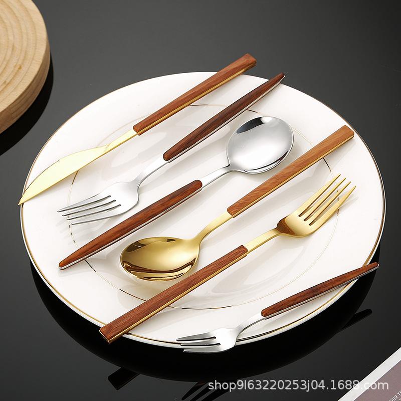 Stainless Steel Western Cutlery Set with Wood-Style Handles - Knife, Fork, Spoon, Steak Knife, Dessert Spoon, Titanium Plated