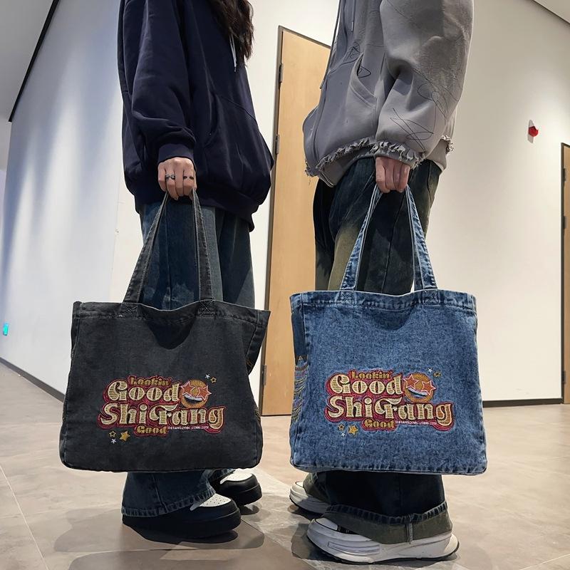 Большая вместительная холщовая сумка женская стираная джинсовая сумка-тоут студенческий — фото 4