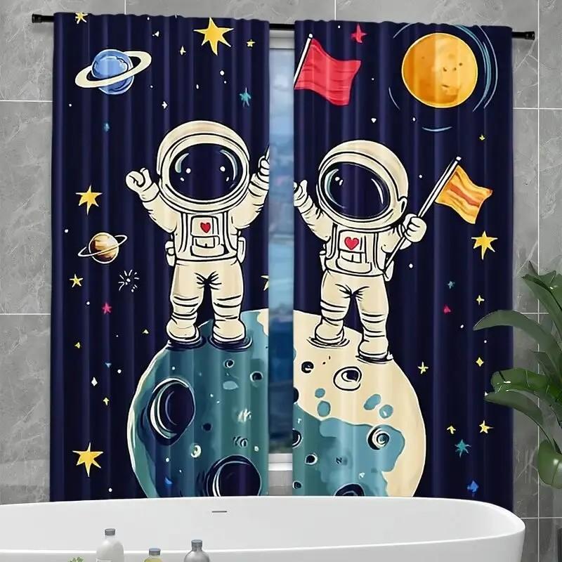 2pcs Spaceman Print Curtain   Blackout Drapes   Polyester   Living Room Decor   Holiday Window Dressing   Rod Pocket Curtains