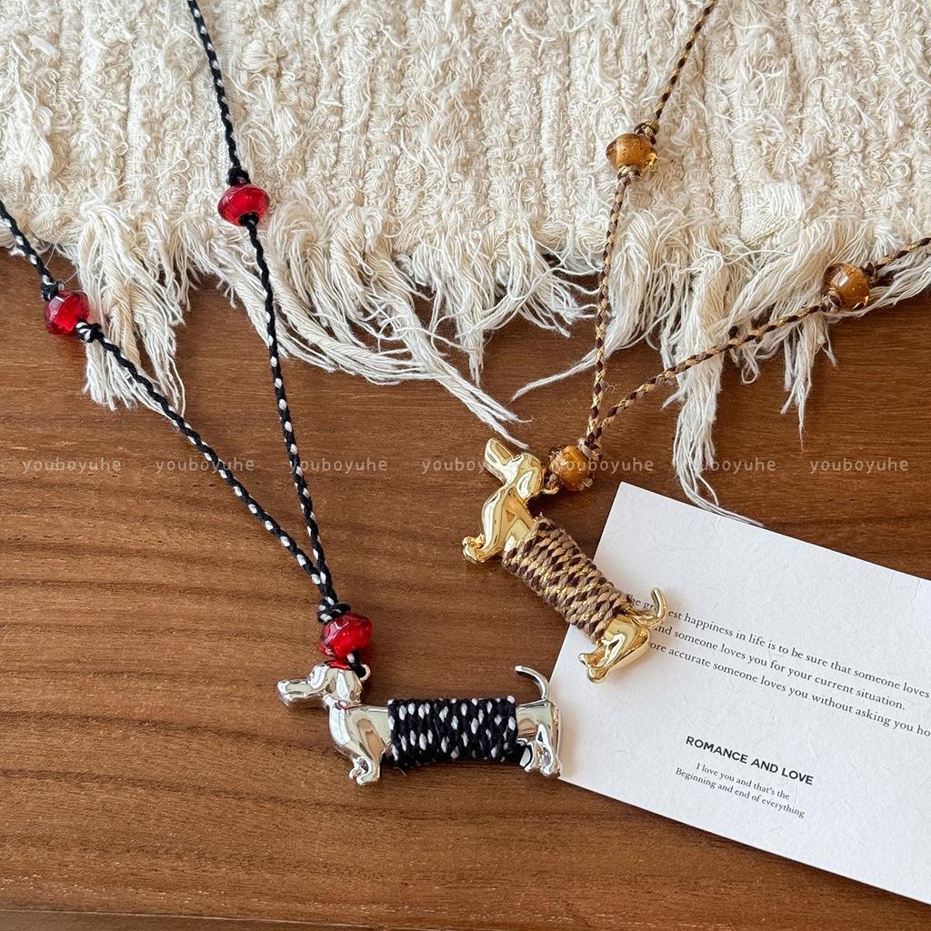 Exquisite Metal Sausage Puppy Pendant Necklace - Women's Long Sweater Chain with Woven Cord, Niche Design