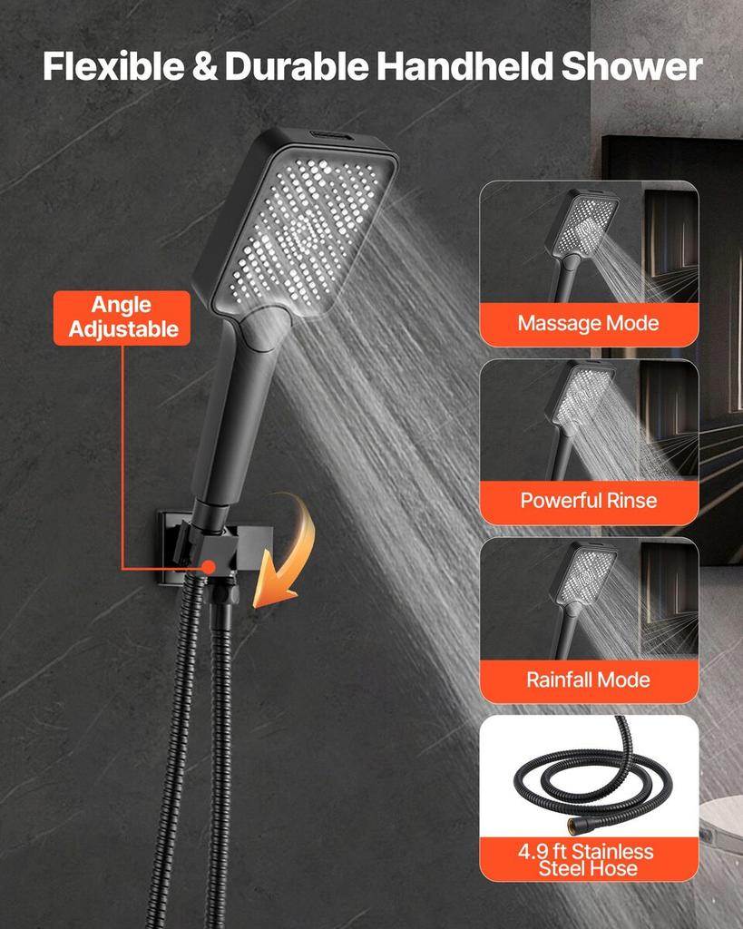 Shower Faucet Set, 305 mm Ceiling Mount Rainfall Shower System with 152 mm Wall Mount Head and 4 in 1 Handheld Spray, Rotatable 3-Function Dual Rain