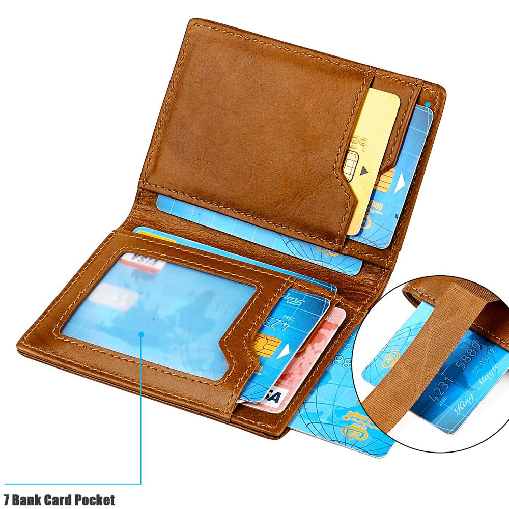 Genuine Leather Card Holder Oil Wax Cowhide Slim Bifold Wallet RFID Blocking Pull Tab ID Case