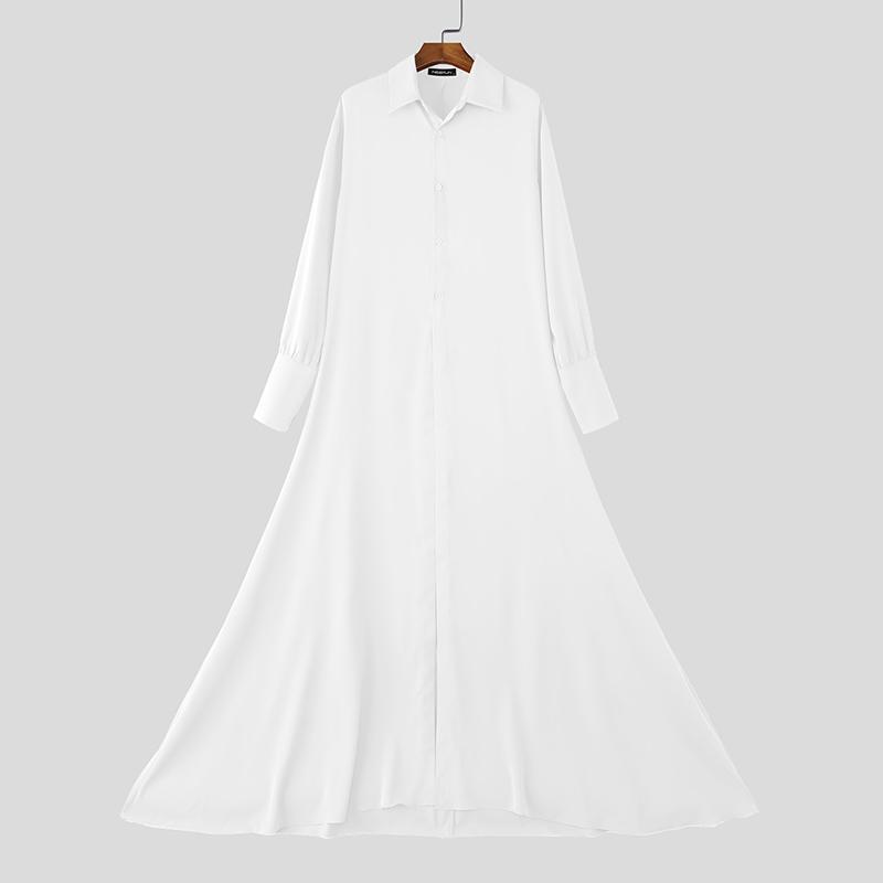 

INCERUN Мужские рубашки макси с отложным воротником, длинными рукавами, пуговицами, высокими разрезами и расклешенным подолом 5XL белый