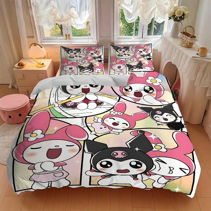 3pcs Sanrio Cute Characters Quilt Cover Set - Soft & Comfortable Polyester Fabric, All-Season Breathable Comforter Set For 1 Quilt Cover & 2 Pill