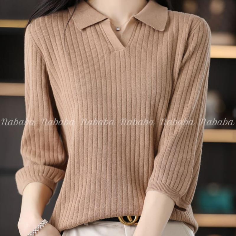Navava Women Solid Ribbed Collar 3 4 KniT T Nk3586