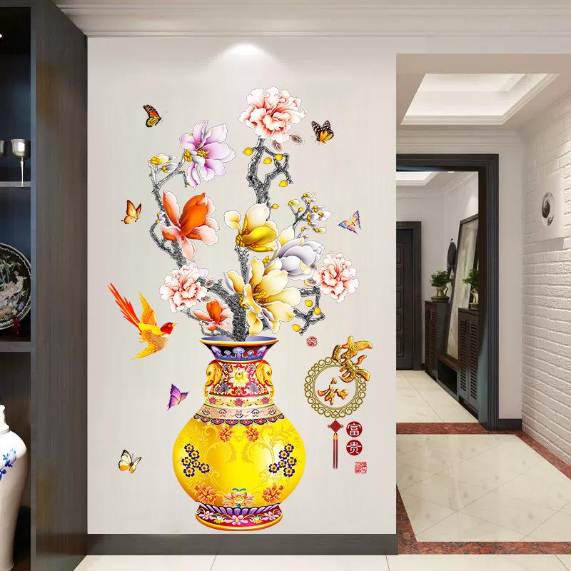 Chinese Style Peony Flower Vase Wall Sticker for Bedroom Living Room Self Adhesive Vinyl Wall Art Removable TV Background Decoration Home Decor