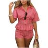 Completo Camicia a Maniche Corte a Quadri con Vita Stretta e Maniche a Bolla Pantaloncini Slim Fit con Decorazione in Pizzo Nuovo Outfit Estivo da Donna