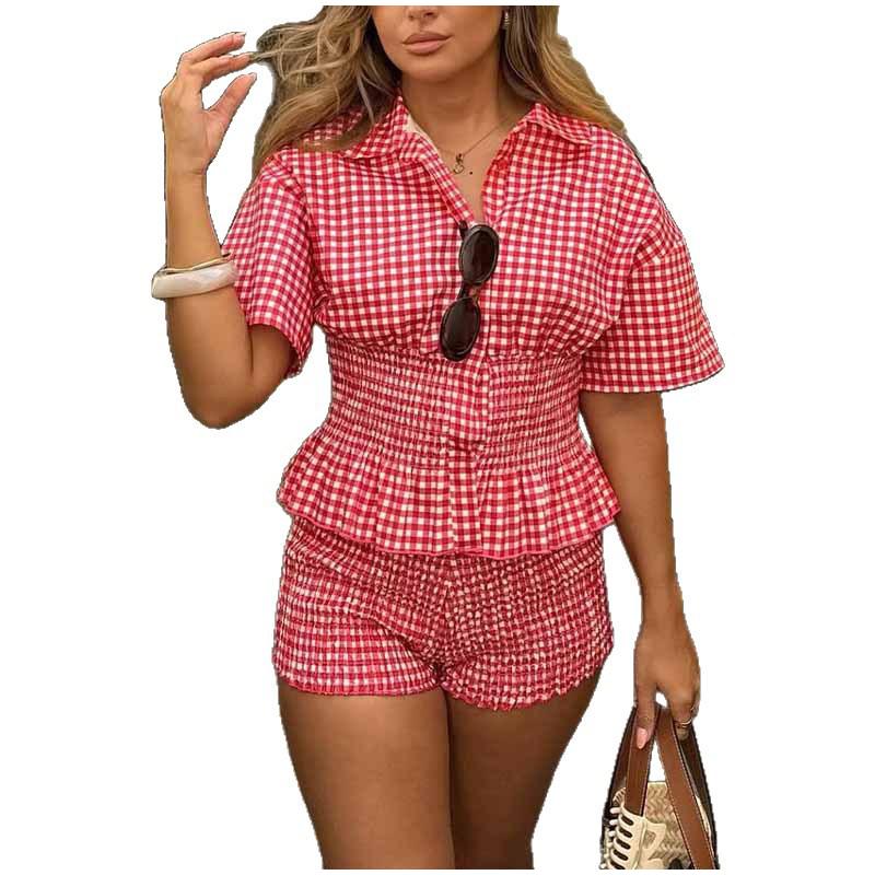 Completo Camicia a Maniche Corte a Quadri con Vita Stretta e Maniche a Bolla Pantaloncini Slim Fit con Decorazione in Pizzo Nuovo Outfit Estivo da Donna