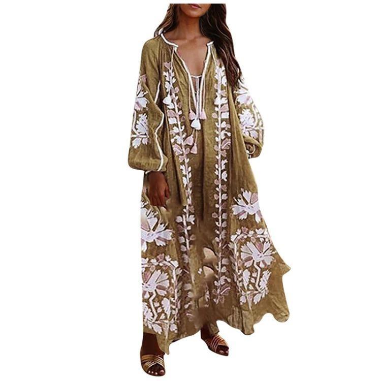Fashion Casual Bohemian Long Sleeve V Neck Dress Women Long Dresses