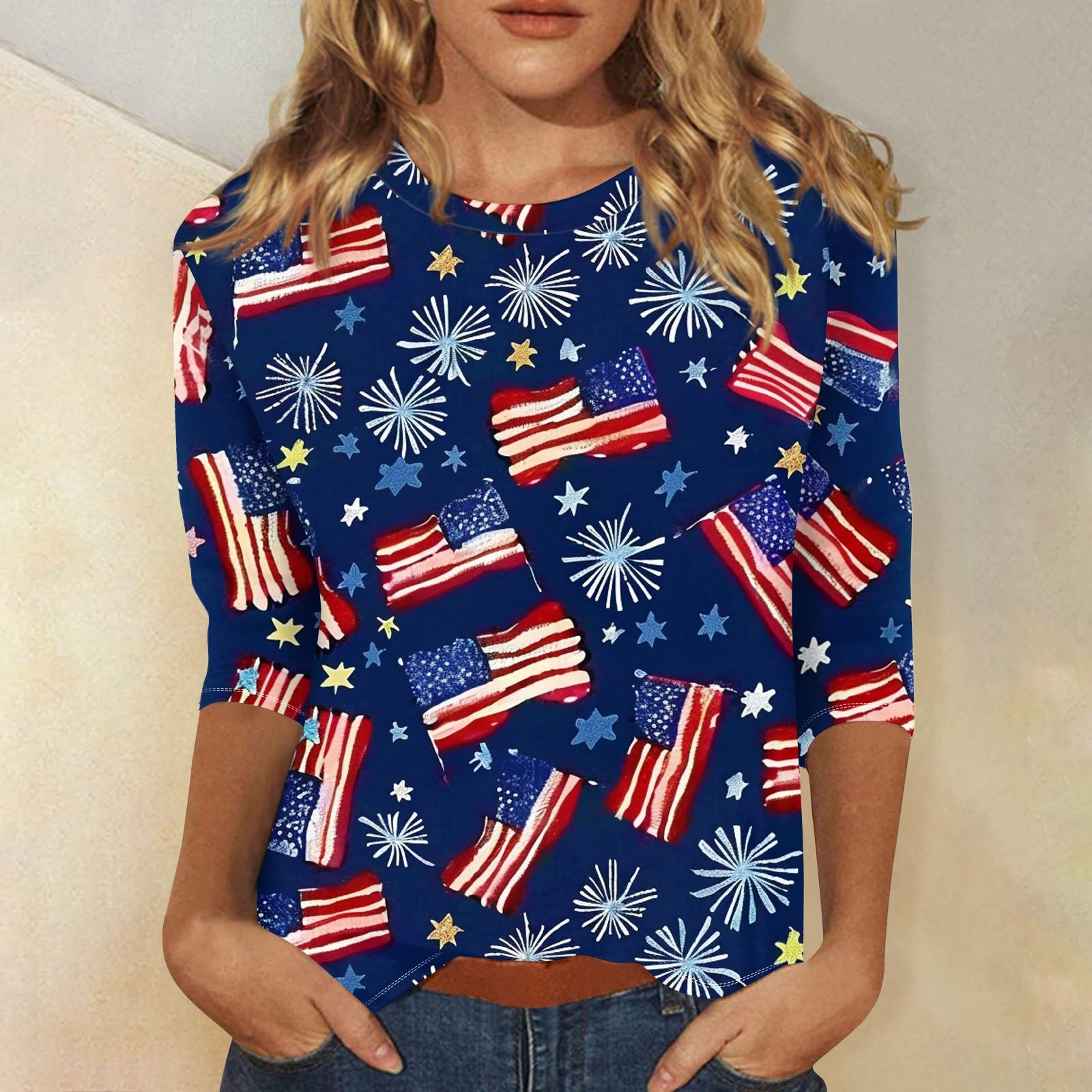 

Women s Fashion Casual Three-quarter Sleeve Independence Day Printed Round Neck Top XL белый