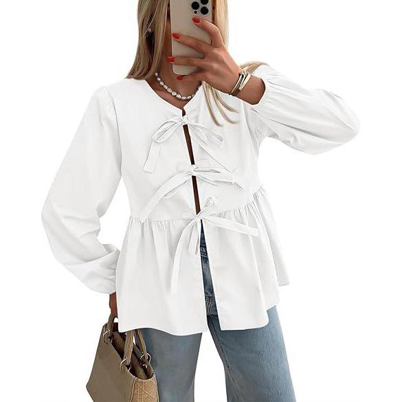 Top Peplo da Donna con Lacci sul Davanti Y2k Manica Corta a Sbuffo Camicia con Lacci Fiocco Orlo con Volant Bluse Babydoll
