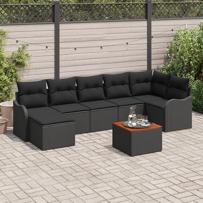 Ensemble de Sofa de Jardin 8 Pièces avec Coussins Noir Poly Rattan Acacia, Sofa de Jardin 2 Places avec Coussins Noir Poly 3347485