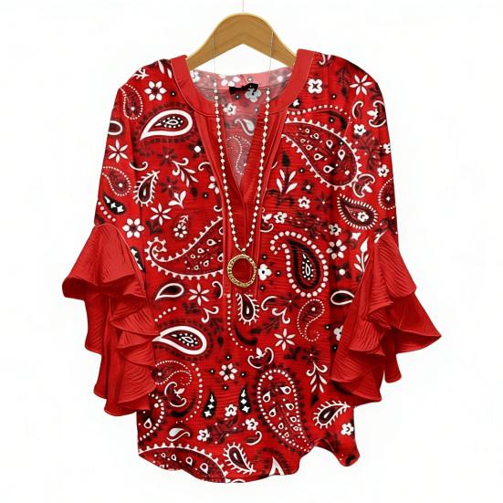 Women Shirt V-Neck 3/4 Ruffle Sleeves Floral Print Anti-Wrinkle Bohemian Blouse Loose Fit Ultra Lightweight Beach Shirt