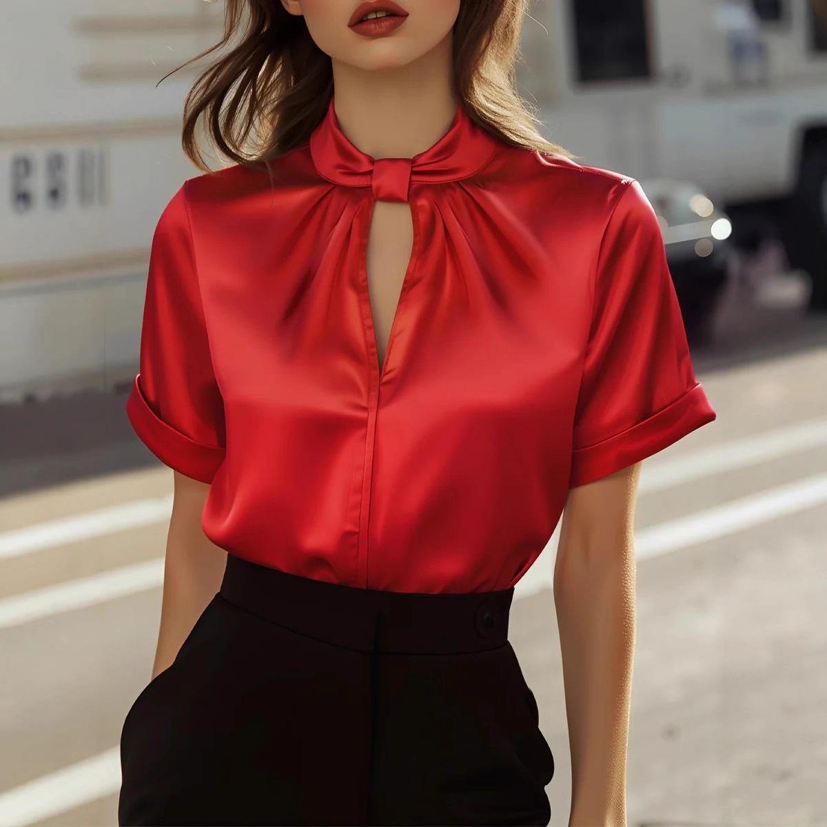 2025 Autumn/Winter European & American Women s Satin Short-Sleeve Top Shirt Large красный