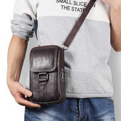 Portable Fanny Pack Waist Bag Cowhide Leather Cell Phone Belt Pack Fashion Multi-pockets Casual for Outdoor Sport