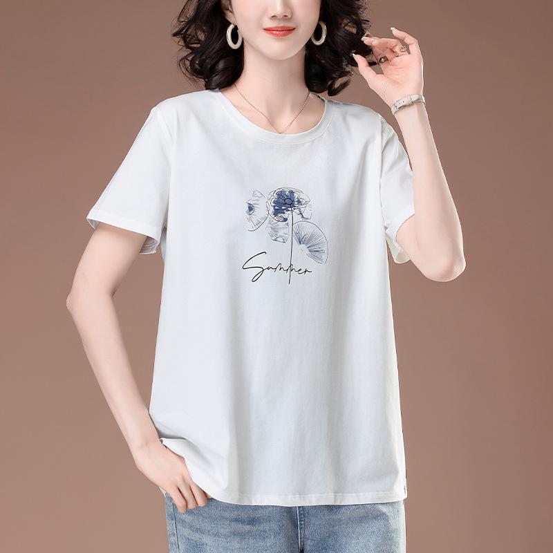 Women's Plus Size Short-Sleeve Cotton T-Shirt - Summer Printed Casual Loose Fit for Middle-Aged Moms