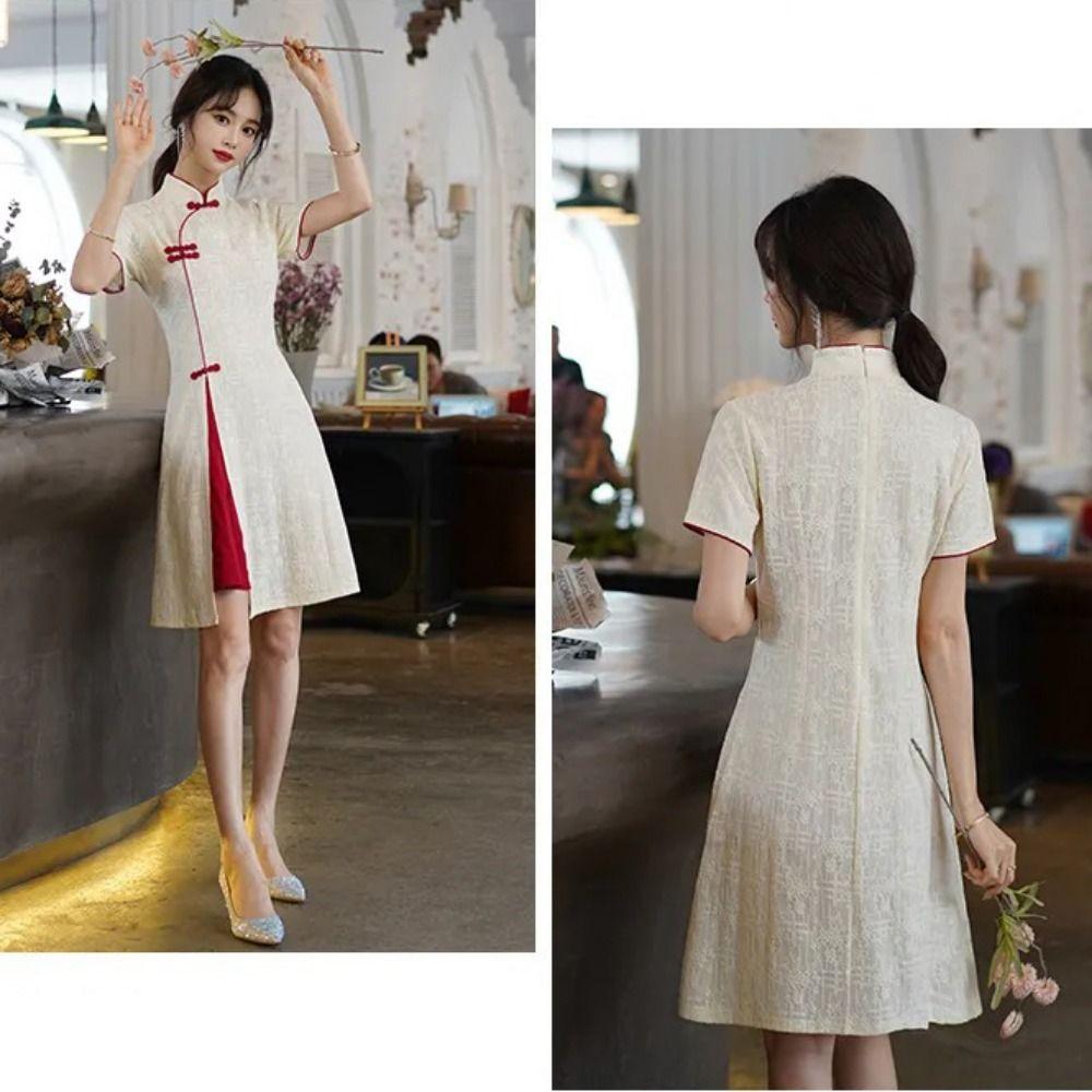 China-Chic Qipao Dress Long Fork Cheongsam Short Pattern Traditional Chinese Dress  Wedding
