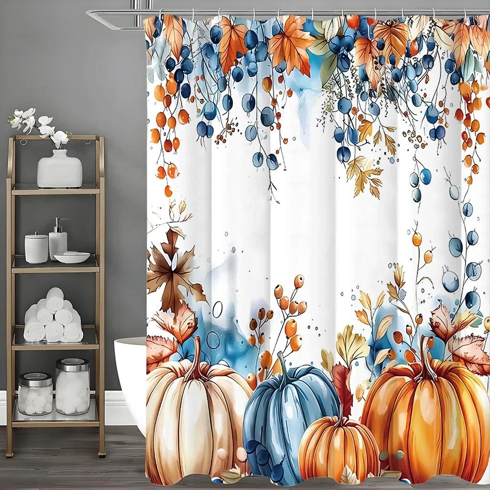Autumn Harvest Pumpkin Floral Watercolor Shower Curtain, Bathroom Decorative Shower Curtain, Waterproof Shower Curtain with Hook