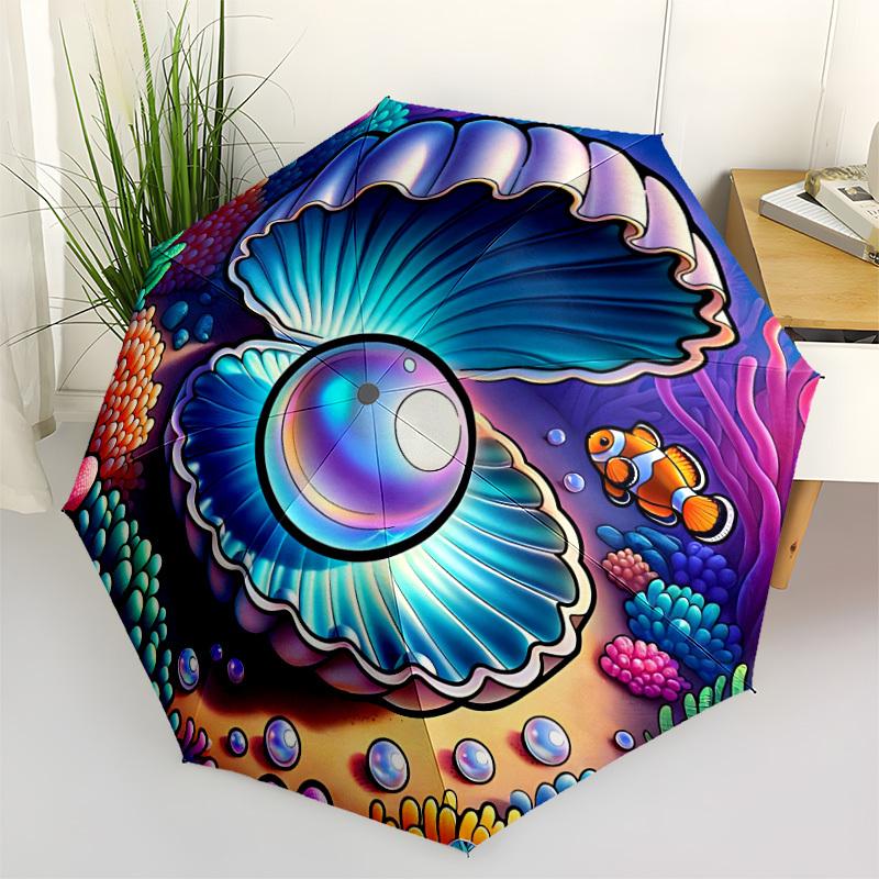 

1pc Ocean Pearl Automatic Opening/Closing Folding Umbrella with 8 Ribs,Windproof Portable Sunshade Umbrella Holiday gift yy260401067